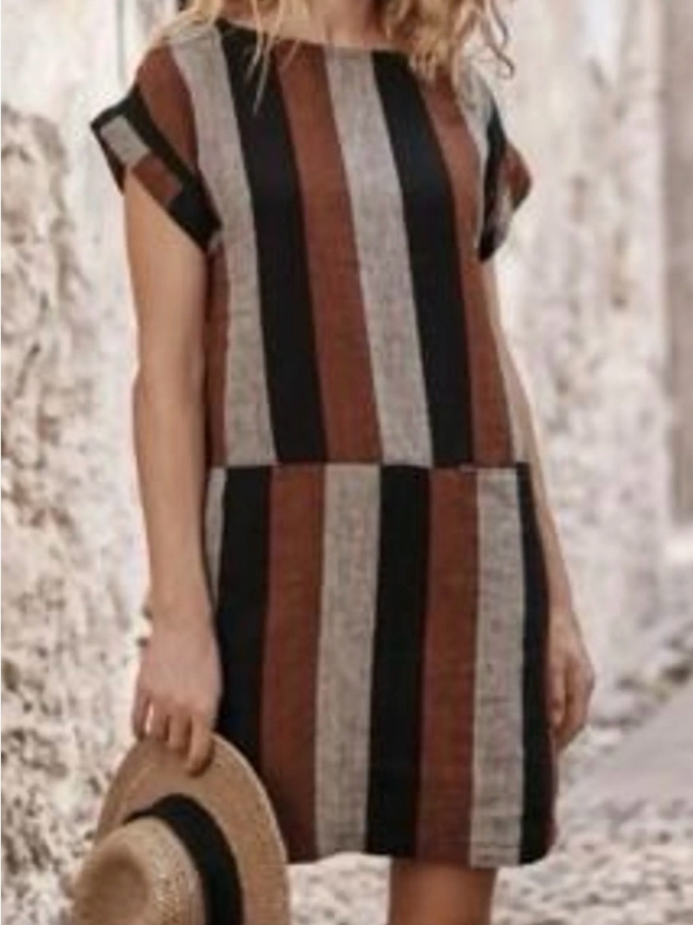 Garnet Hill Striped Short-Sleeve Shift Dress 100% Linen